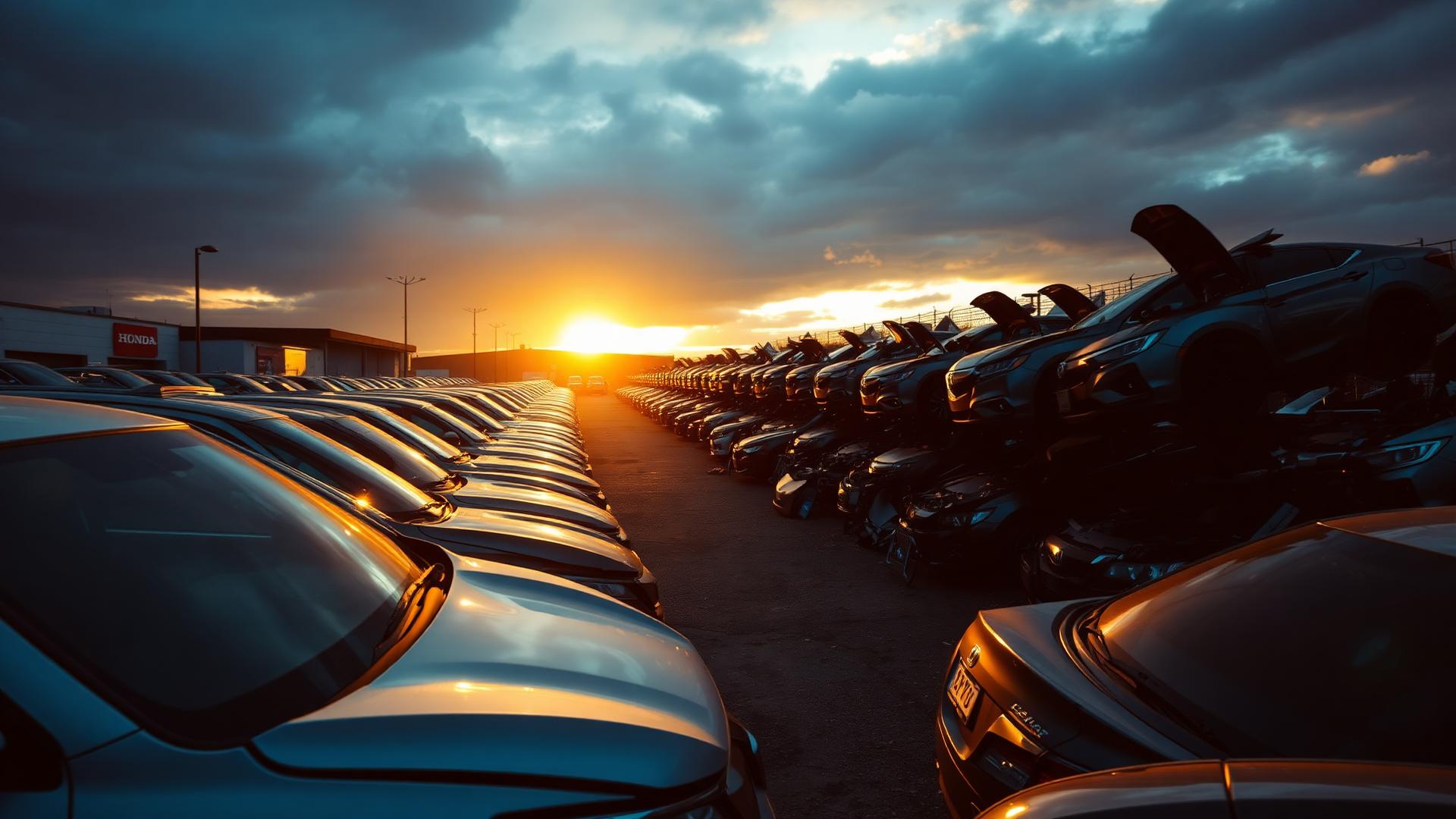 Rows of Honda vehicles at Honda Heaven recycling yard at sunset
